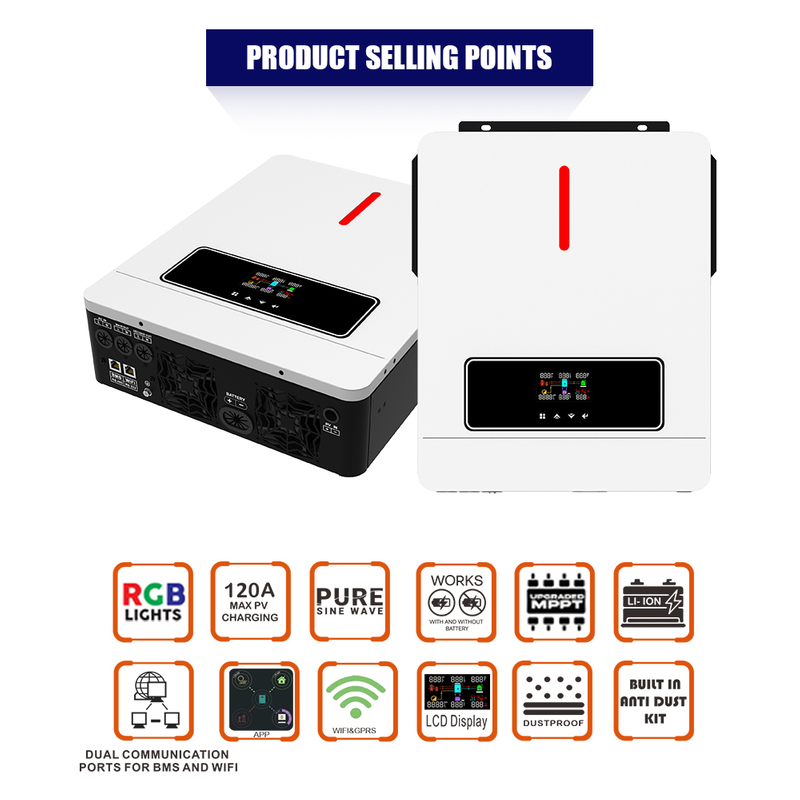  ECO 6.2KW On/off Grid อินเวอร์เตอร์พลังงานแสงอาทิตย์ 60 ~ 500VDC 120A MPPT Charger Controller Dual พอร์ตการสื่อสารสำหรับแบตเตอรี่การสื่อสารและการสื่อสาร Wifi