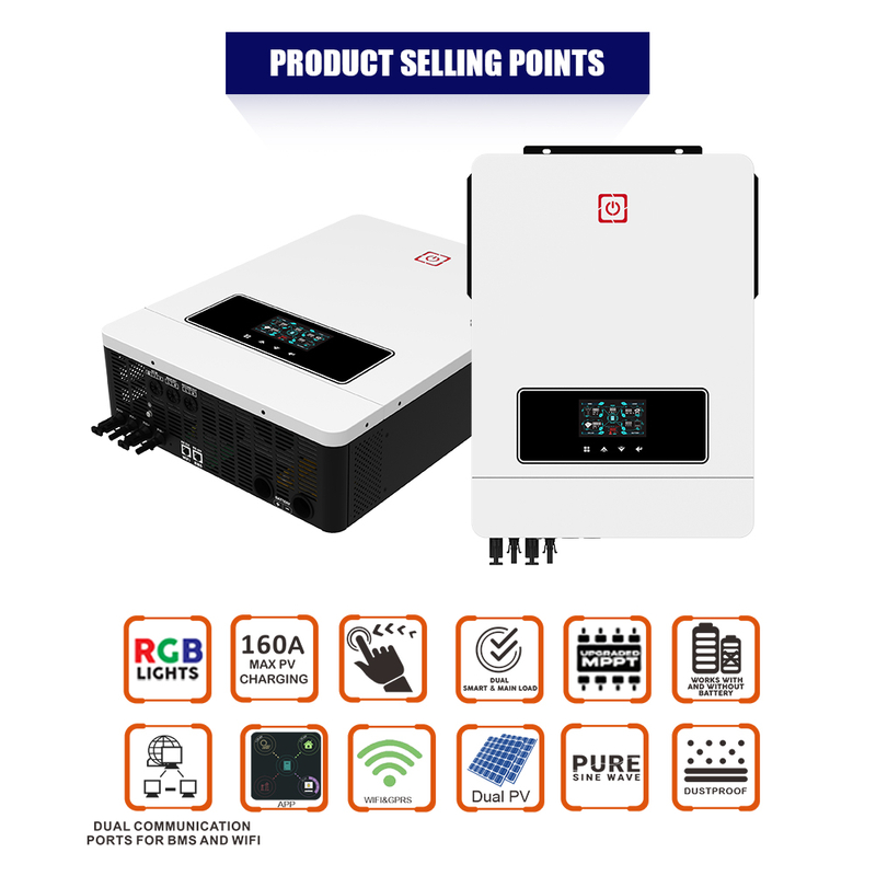 คุณภาพสูง Dual PV อินพุต RS485/232 พร้อม 160A MPPT Controller on/off grid 10.2KW บ้านโดยใช้อินเวอร์เตอร์พลังงานแสงอาทิตย์